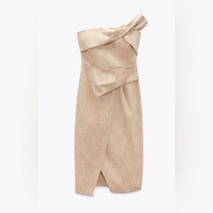 NWT • Zara Asymmetrical Slip MIDI Taupe Dress • XS